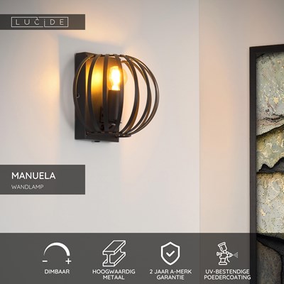 Lucide MANUELA - Wandlamp - 1xE14 - Zwart